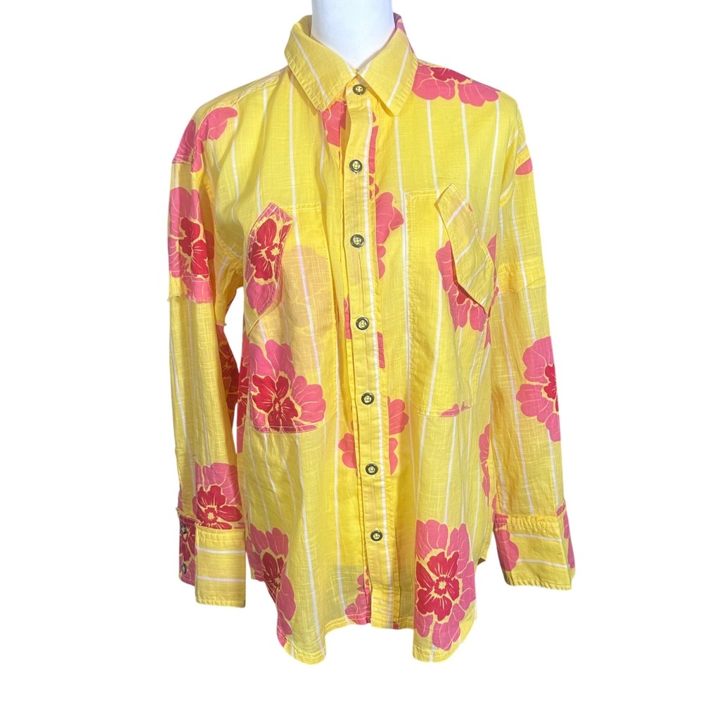 We The Free Shirt NWT women's XS Yellow Pink Hidden Flower Camo Oversized Button - Picture 1 of 12